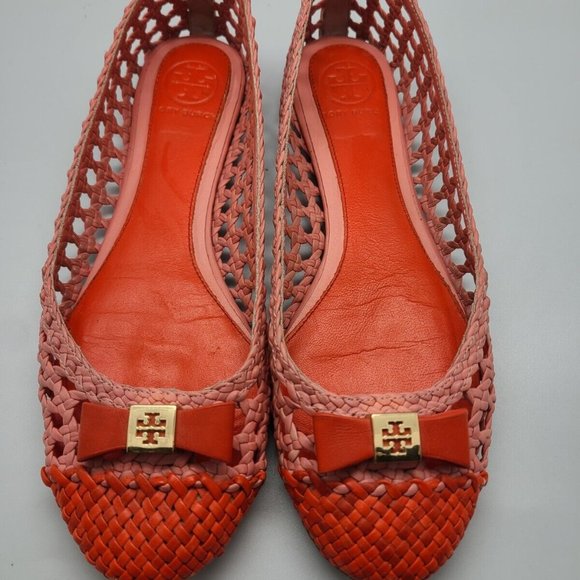 $275 Tory Burch Pink/orange Woven Carlyle Ballerina Flats Shoes, Sz 6,5 - Picture 1 of 6